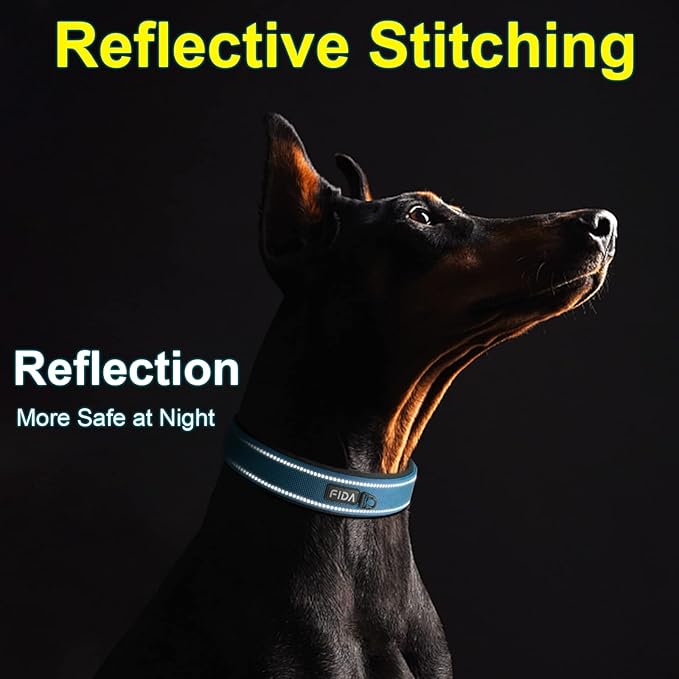 Fida Heavy Duty Dog Collar 1.5” Width, Ultra Soft Neoprene Padded, Adjustable Reflective Nylon Pet Collar with Two Metal Pin Belt Buckle for Extra-Large Breeds (XL, Blue)-PawvioPets