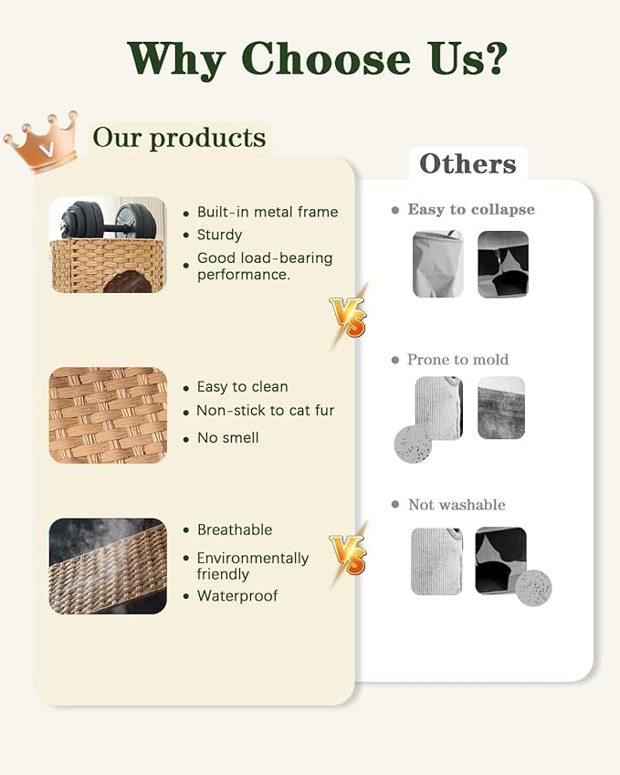 Cat House for Indoor Cat, Large Double Cat Houses Cat Bed Cave, Handwoven Rattan Pet Beds with One Soft Pad, 17 x 17 x 17 Inches Foldable Kitten Hideaway in Living Room Natural-PawvioPets