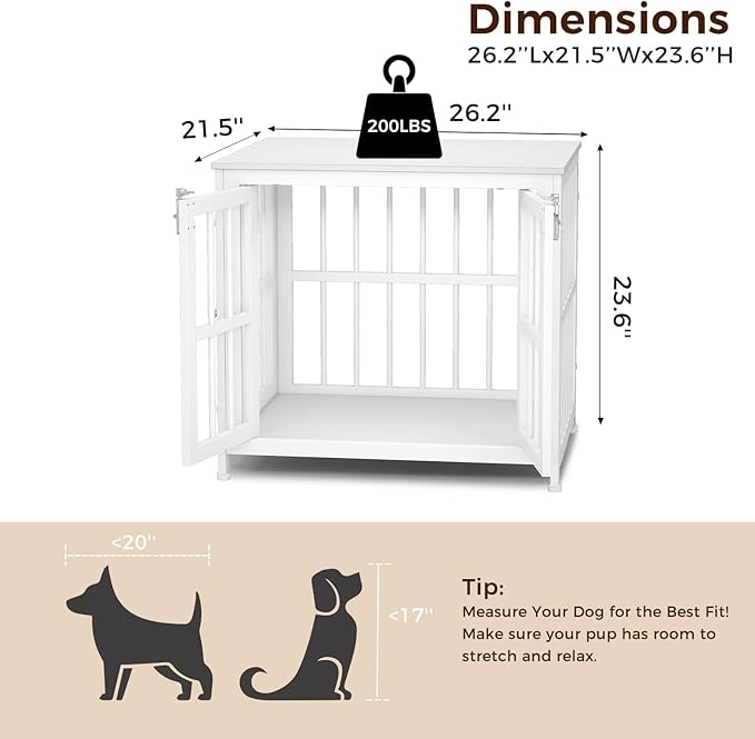 26 Inch Heavy Duty Wooden Dog Kennel End Table with Double Door Design and Secure Locks, Indoor Pet Crate Furniture for Small Dogs, Decorative Home Cage Design,White-PawvioPets