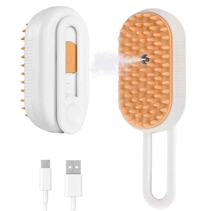 4 in 1 Cat Steam Brush, Rechargeable Steam Brush for Cats and Dogs, Anti-Static Cat Spray Brushes, Massage, Cleaning, Shedding & Combing All In One! White-PawvioPets