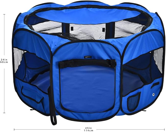 Amazon Basics Foldable Octagonal Indoor and Outdoor Portable Soft Dog Pen/Puppy Pen/Playpen, 114 cm / 45", Blue-PawvioPets