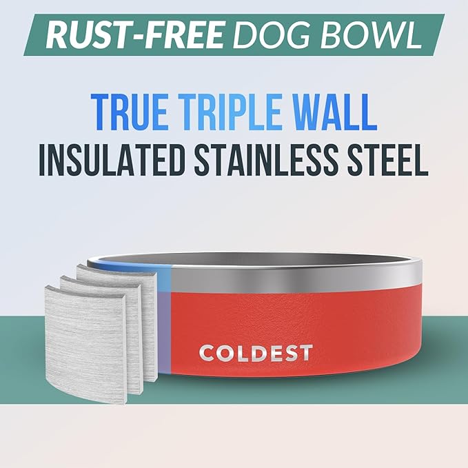 Coldest Dog Bowl - Anti Rust Metal, Non Slip, 3 Layers Insulated Stainless Steel Dog Bowls - Spill Proof & Heavy Duty - Water Bowl for Dogs, Cats & Pets, Dish Washer Safe (42 oz, Crimson Red)-PawvioPets