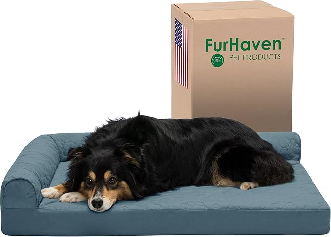 Furhaven Cooling Gel Dog Bed for Large/Medium Dogs w/ Removable Bolsters & Washable Cover, For Dogs Up to 55 lbs - Pinsonic Quilted Paw L Shaped Chaise - Bluestone, Large-PawvioPets