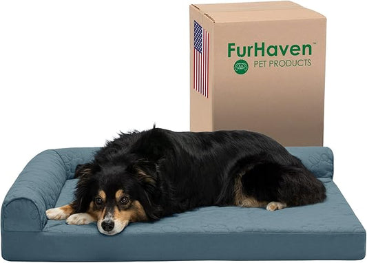 Furhaven Cooling Gel Dog Bed for Large/Medium Dogs w/ Removable Bolsters & Washable Cover, For Dogs Up to 55 lbs - Pinsonic Quilted Paw L Shaped Chaise - Bluestone, Large-PawvioPets