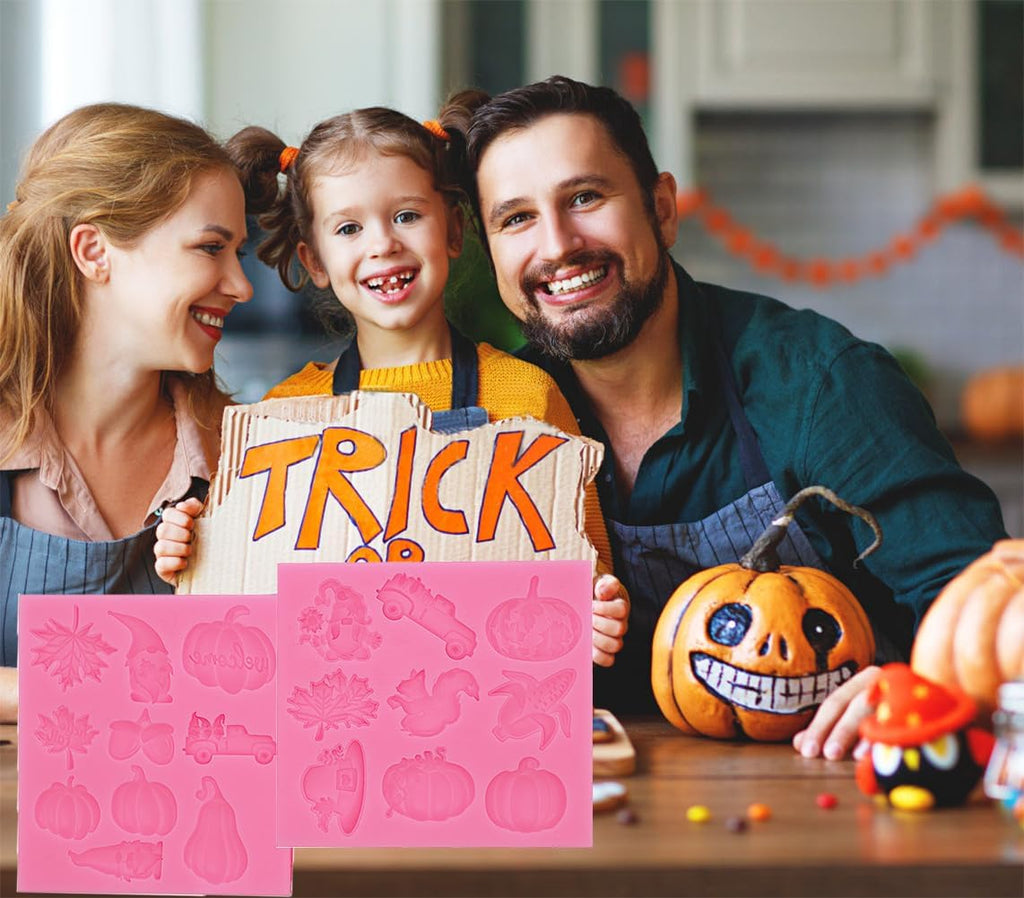 Thanksgiving Day Fondant Mold Halloween Fall Leaf Pumpkin Chocolate Candy Fondant Silicone Mold，DIY Cookies Candy Gummy Chocolate Mold Ice Cream Tray for Holiday Party Thanksgiving Day 2Pcs