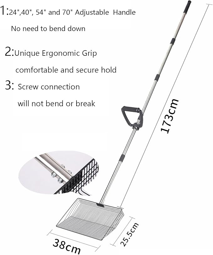 15 Inch Large Chicken coop Scoop with Ergonomic Grip Adjustable Long Handle (24-64") Chicken Poop Scooper Sifting Shovel rake Stainless Steel Metal coop Scoop (L/15 INCH)-PawvioPets