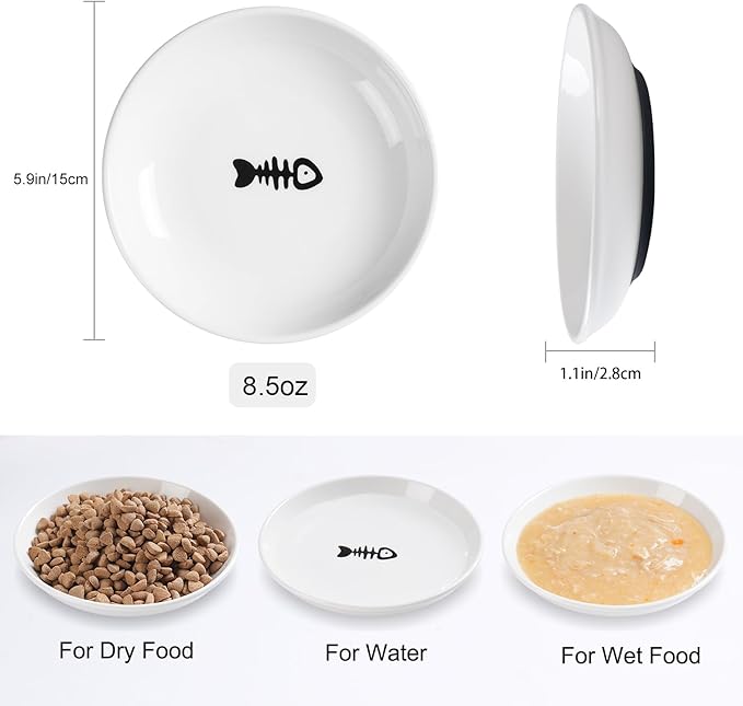 Cat Food Bowl,Healthy Ceramic Cat Bowls for Indoor Cats,Anti Whisker Fatigue Cats Dishes Set,Shallow Wide Kitten Plates for Food and Water,Non-Slip Silicone Bottom,3 Pack-PawvioPets