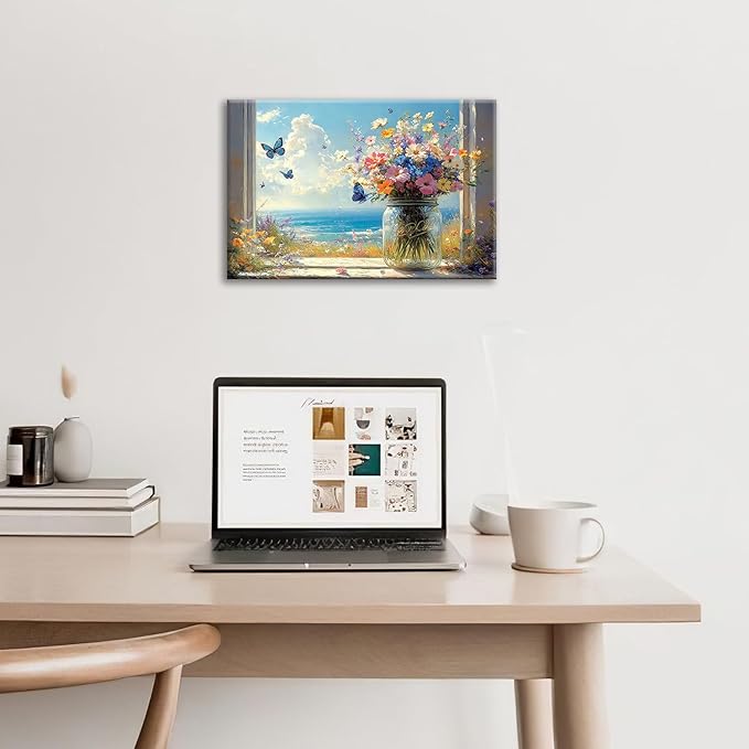 Beach Floral Bathroom Pictures Wall Art, Colorful Flower Bathroom Wall Decor, Coastal Ocean Framed Painting Canvas Artwork for Bedroom Living Room Decorations 24"L x 16"W-PawvioPets