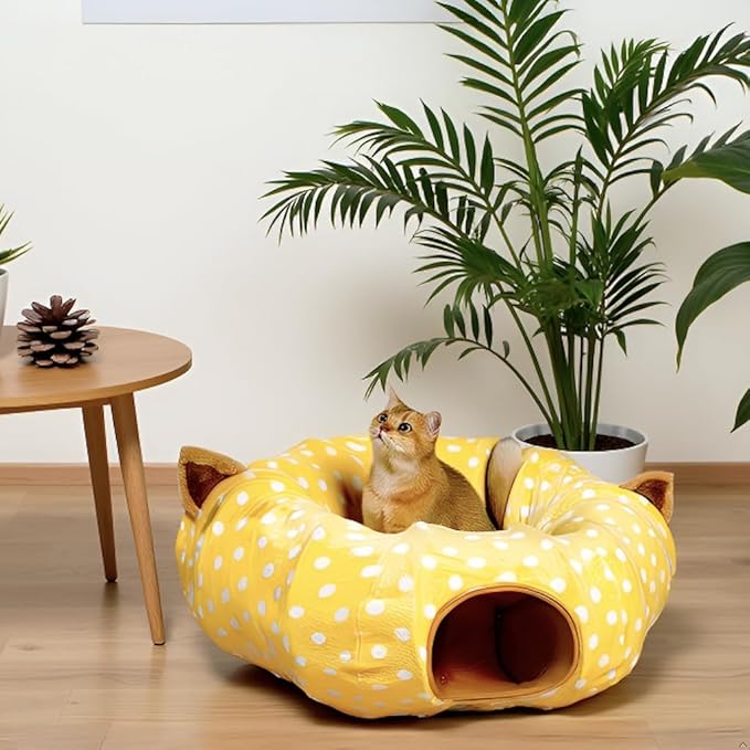 AUOON Cute Cat Donut Tunnel - Round Cat Tunnel Bed with Washable Cushion Interactive Cat Toy for Indoor Cats Kitten Kitty Puppy Rabbit Ferret (Yellow)-PawvioPets