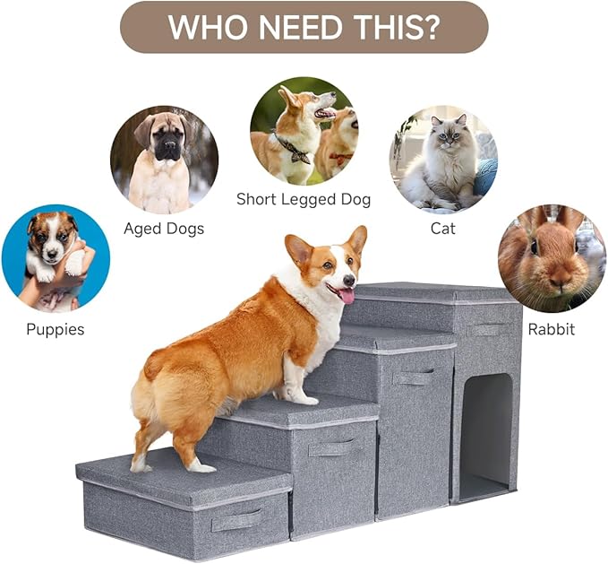 Dog Stairs with Storage, Folding Pet Steps with Zip for Small Dogs and Cats, 4-Step Pet Stairs with Pet House for High Bed, Couch and Car Ramp (Gray, 4 Steps with Condo)-PawvioPets