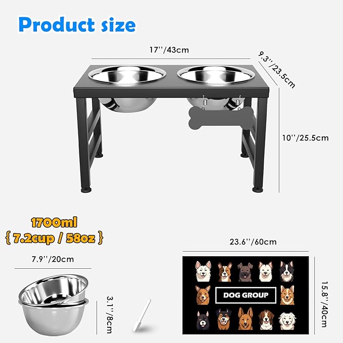Elevated Dog Bowls, 10" Tall Height, Raised Bowl Stand with 2 Stainless Steel Food Feeder Bowls (58oz) and Spill-Proof Mat for Medium Large and Small Breeds-PawvioPets