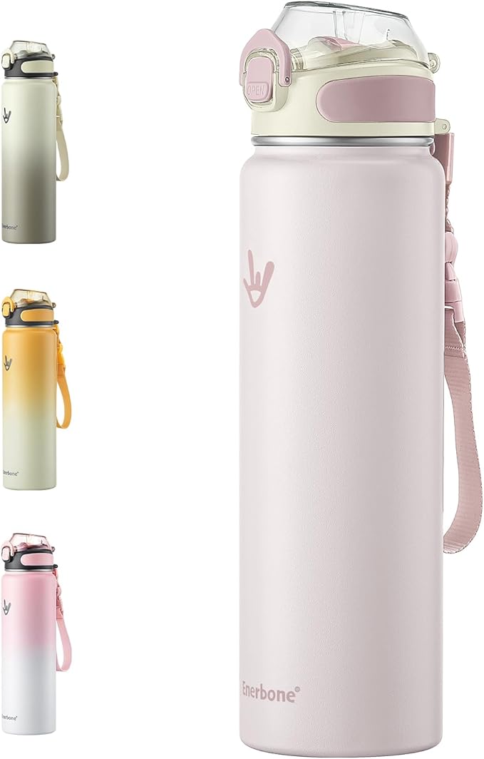 Enerbone 32 oz Insulated Water Bottle, Stainless Steel Bottle with Carrying Strap, Double-Wall Vacuum Insulation Design, Leakproof Sports Bottle with Straw, Keep Drinks Cold or Hot for Hours-PawvioPets