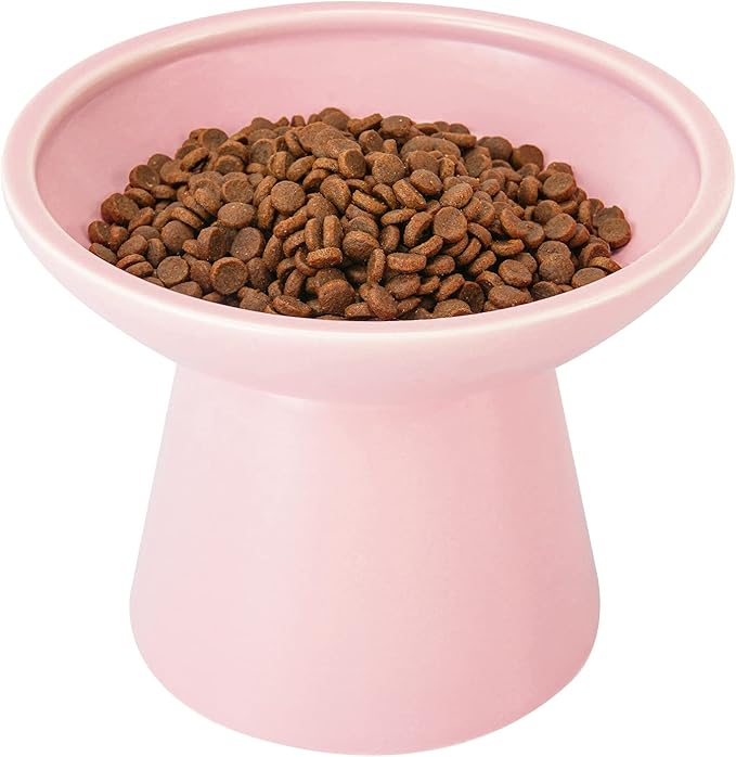 Extra Wide Elevated Ceramic Cat Food Bowl - 6.2" Shallow Dish for Whisker Fatigue Relief, 5" Height for Easy Feeding, Lead & Cadmium Free, Durable Raised Cat Food Bowls, Pink-PawvioPets