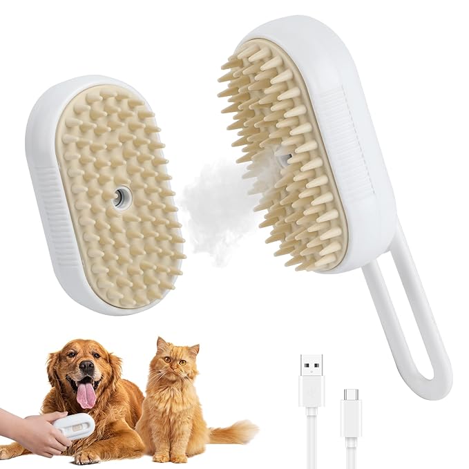 4 in 1 Cat Steam Brush for Shedding, Rechargeable Pet Steam Groomer Brush, Massage, Cleaning, Shedding & Combing Multifunctional Hair Removal Comb for Cats Dogs (White)-PawvioPets