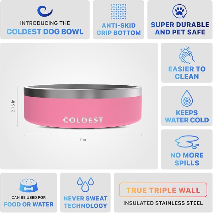 Coldest Dog Bowl - Anti Rust Metal, Non Slip, 3 Layers Insulated Stainless Steel Dog Bowls - Spill Proof & Heavy Duty - Water Bowl for Dogs, Cats & Pets, Dish Washer Safe (42 oz,Cotton Candy Pink)-PawvioPets