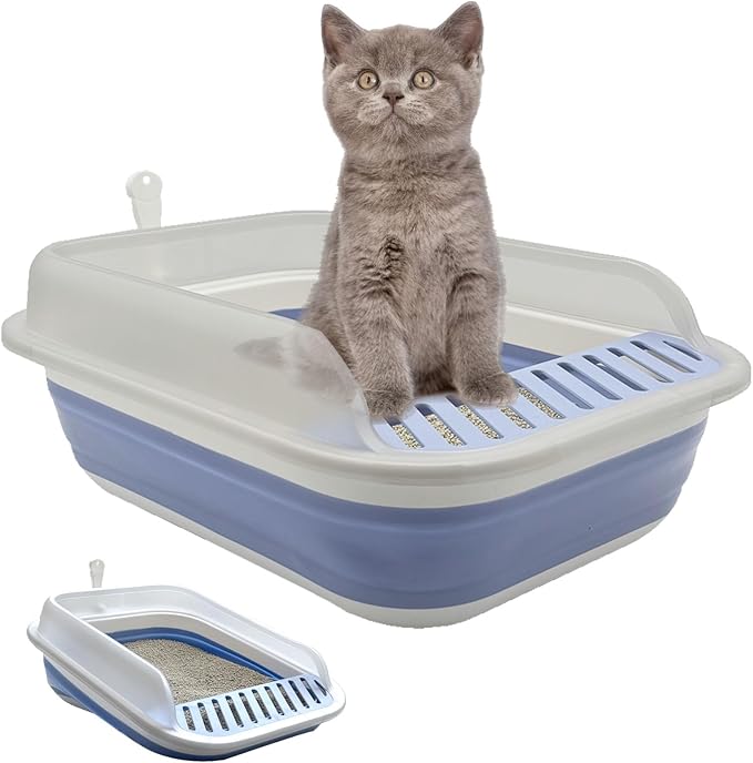 Collapsible Kitten Litter Box, Open Small Cat Litter Box with High Side Shallow Kitten Litter Pan Anti-Splashing Waterproof Low Entry Travel Litter Pan with Falling Sand Pedal-PawvioPets