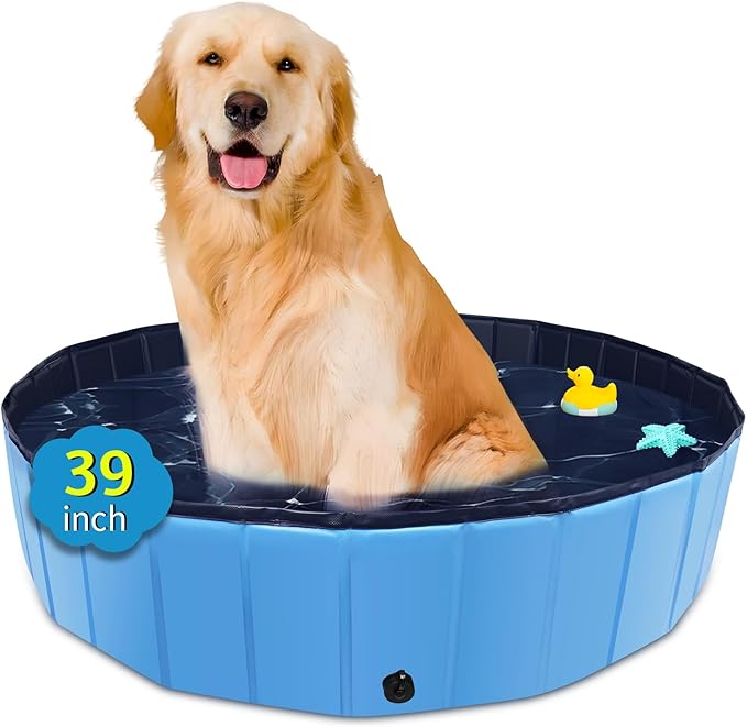 Foldable Dog Pool, 39" x 12" Kiddie Pool with Hard Plastic, Non-Slip Dog Bath Tub for Outdoor Backyard, Collapsible Dog Swimming Pool for Kids Dogs Pets (Blue)-PawvioPets