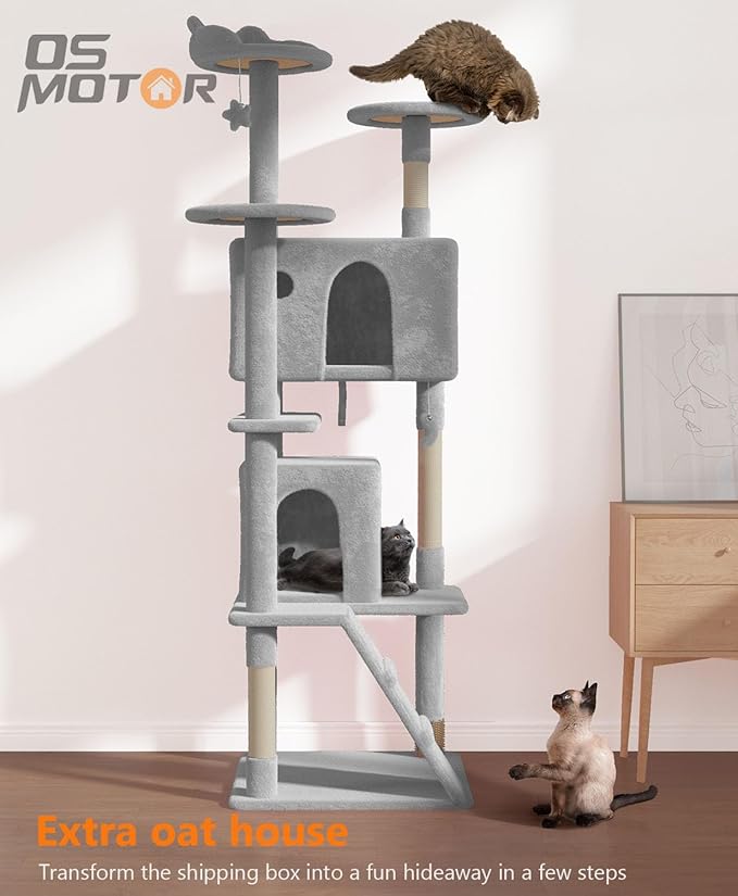 77'' Cat tree Tower for Indoor Cats Large Adult,Cute/Tall Modern Cat Tree for Big Cats 20 lbs,Plush Multi-Level Cat Condo with Scratching Posts,Dangling Ball for fun play(Light Gray, 77 inch)-PawvioPets
