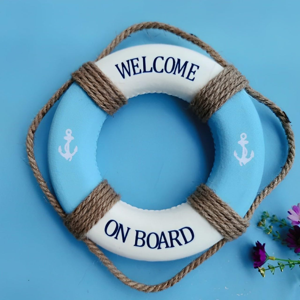 MorroMorn Lifebuoy Wall Hanging Decor - Welcome Aboard Mediterranean Style Home Decoration Hemp Rope (Blue, 10")