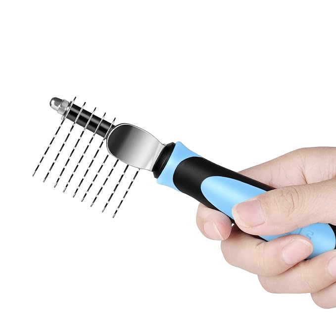Flexzion Dogs Dematting Comb, Stainless Steel Blades Rakes, for Pets Cats Animals Matted Knotted Hair, Brush Cutting Removing Grooming Tool with Smooth Teeth Needle - Black & Blue Handle-PawvioPets