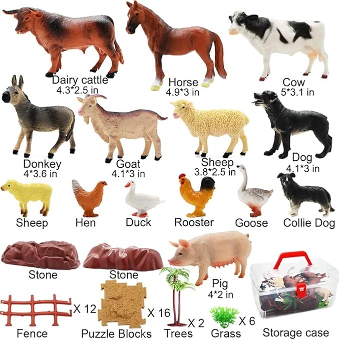 Farm Animal Figurines, Realistic Plastic Animals Toys with Fences Building Blocks, Farm Figures Playset Educational Birthday Gift for Kids & Toddlers, 53 PCS-PawvioPets