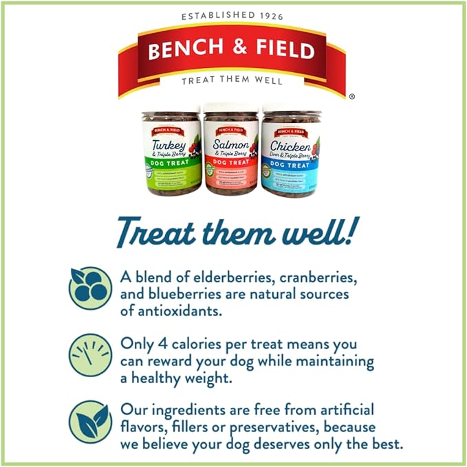 Bench & Field Holistic Natural Chicken Liver & Triple Berry Dog Treats | Crunchy Bone-Shaped Bites | Antioxidant Blend, 10-Ounce Bottle-PawvioPets