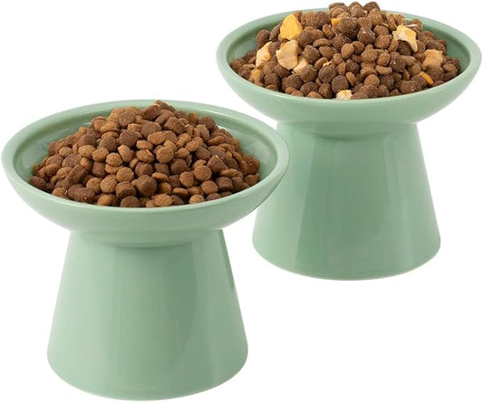 Extra Wide Elevated Ceramic Cat Bowl, 6.2" Shallow Dish for Whisker Fatigue Relief, 5" Height for Easy Feeding, Durable Raised Cat Food Bowls, Pack of 2, Sage Green-PawvioPets