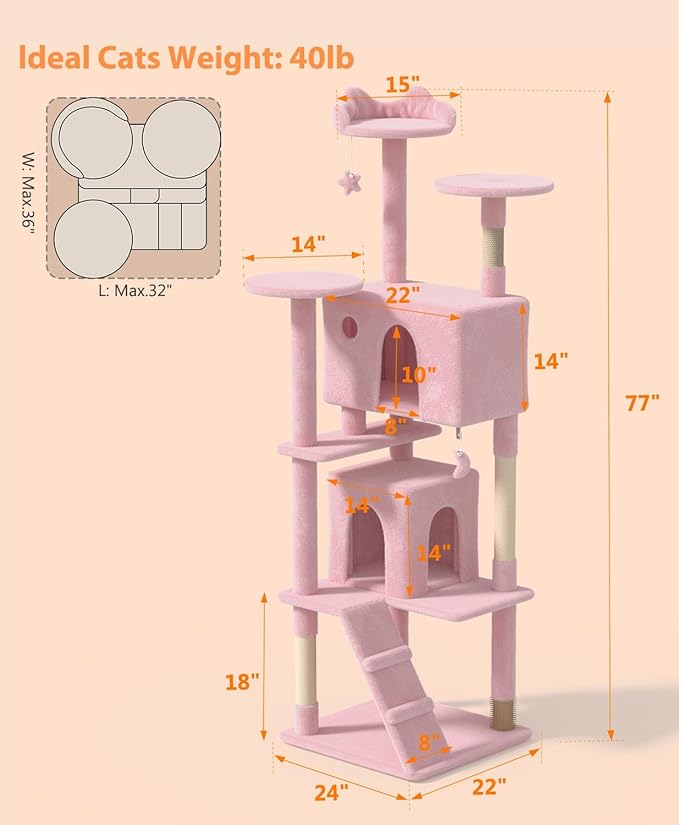 77'' Cat Tree Tower for Indoor Cats Large Adult, Cute/Tall Modern Cat Tree for Big Cats 20 lbs, Plush Multi-Level Cat Condo with Scratching Posts,Dangling Ball (Soft Pink, 77 inch)-PawvioPets