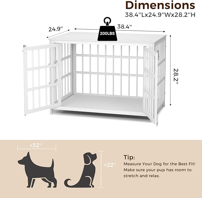 38 Inch Heavy Duty Wooden Dog Kennel End Table with Double Door Design and Secure Locks, Indoor Pet Crate Furniture for Medium Dogs, Decorative Home Cage Design,White-PawvioPets