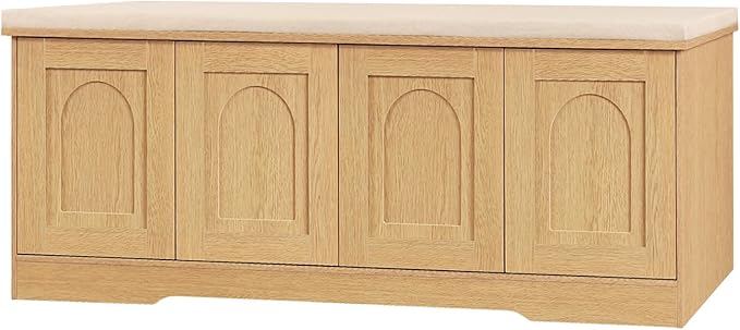 DINZI LVJ Shoe Bench, Entryway Storage Bench with Doors, Cushion, 2-Tier Shoe Rack with 8-Cubby, 47.2”L x 13.8”W Shoe Organizer Cabinet, Adjustable Shelf, Living Room, Bedroom Natural-PawvioPets