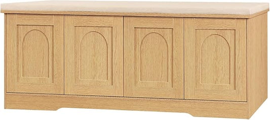 DINZI LVJ Shoe Bench, Entryway Storage Bench with Doors, Cushion, 2-Tier Shoe Rack with 8-Cubby, 47.2”L x 13.8”W Shoe Organizer Cabinet, Adjustable Shelf, Living Room, Bedroom Natural-PawvioPets