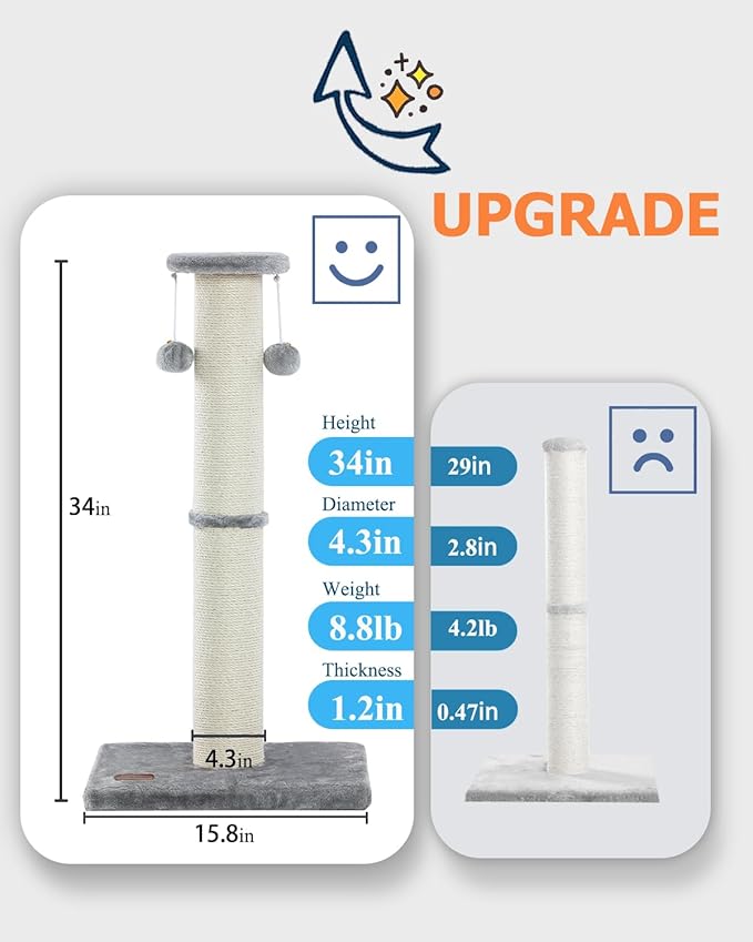 Kilodor 34Inch Tall Cat Scratching Post,4.3Inch Diameter Large Sisal Cat Scratch Post with Ball, Sturdy and Durable Cat Scratcher for Indoor Cats Adults Grey-PawvioPets