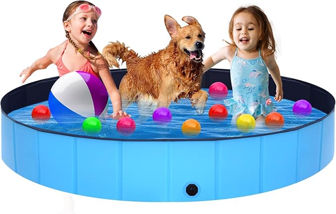 Foldable Dog Pool - 63" x 12" Anti-Slip Portable Dog Swimming Pool, Hard Plastic Collapsible Kiddie Pool for Outdoor and Indoor for Pets Dogs Cats and Kids-PawvioPets