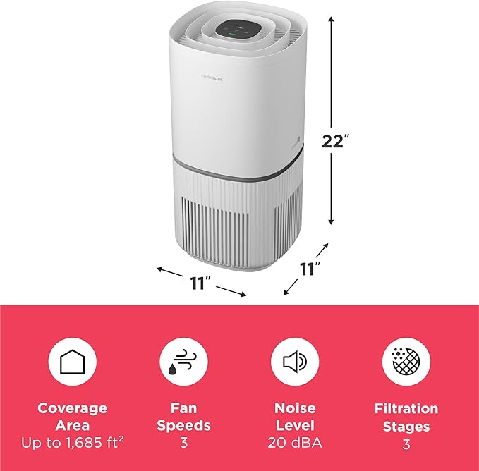 Frigidaire PureA300 XL HEPA Air Purifier with Wi-Fi for Large Rooms, Covers up to 1,685 Sq. Ft., 3-Stage Filtration, Energy Star Certification, Air Quality Monitoring, Smart Mode, Ultra Quiet, White-PawvioPets