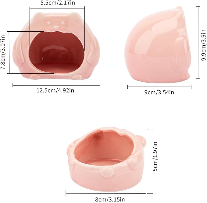 Bear-Shaped Hamster Hideout & Food Bowl Set - Ceramic Habitat for Syrian Dwarf Hamsters, Mice, Gerbils - All-Season Use, Chew-Proof Ceramic House and Feeding Dish for Small Pets(Pink)-PawvioPets