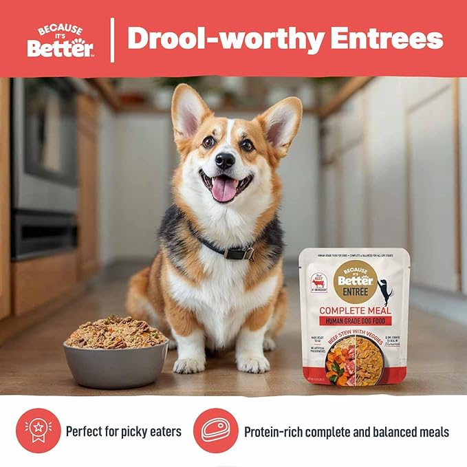 Because it's Better Entrée Complete Meal, Beef Stew with Veggies, Human Grade Wet Dog Food, 10 oz Pouches, 6 Count-PawvioPets