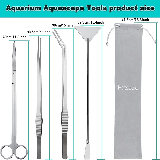 Aquarium Aquascape Tools Kit, Long 15 Inch Stainless Steel Aquatic Plants Tools, 4 in 1 Anti-Rust Aquascaping Tweezers Scissors Spatula Scrapers Tool Set for Fish Tank Cleaning Plant Trimming Shears-PawvioPets
