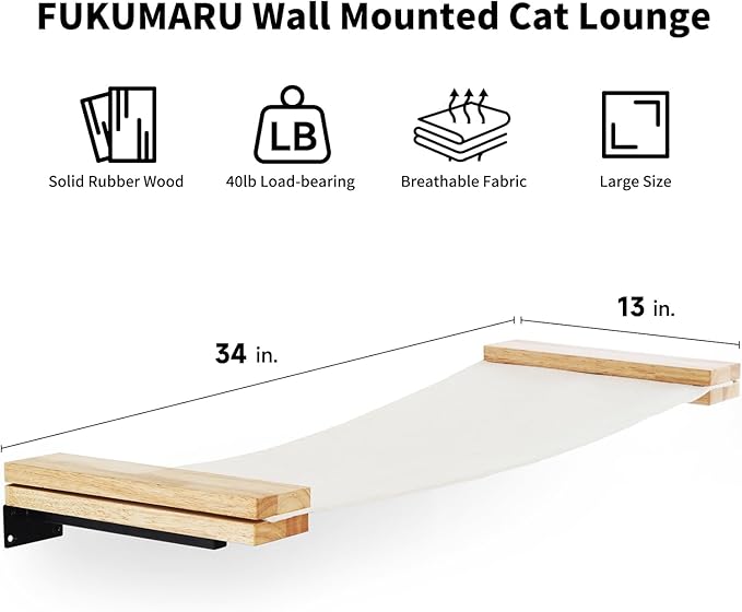FUKUMARU Cat Wall Furniture, 34 x 13 inch Cats Hammock Shelves, Rubberwood Kitten Window Perch, Easy DIY Installation-PawvioPets