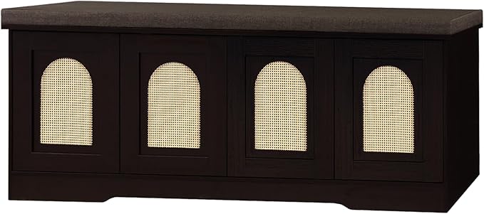 DINZI LVJ Shoe Bench, Entryway Storage Bench with Doors, Cushion, 2-Tier Shoe Rack with 8-Cubby, 47.2”L x 13.8”W Shoe Organizer Cabinet, Adjustable Shelf, Living Room, Bedroom, Espresso with Rattan-PawvioPets