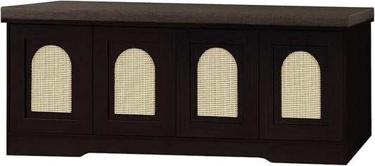 DINZI LVJ Shoe Bench, Entryway Storage Bench with Doors, Cushion, 2-Tier Shoe Rack with 8-Cubby, 47.2”L x 13.8”W Shoe Organizer Cabinet, Adjustable Shelf, Living Room, Bedroom, Espresso with Rattan-PawvioPets