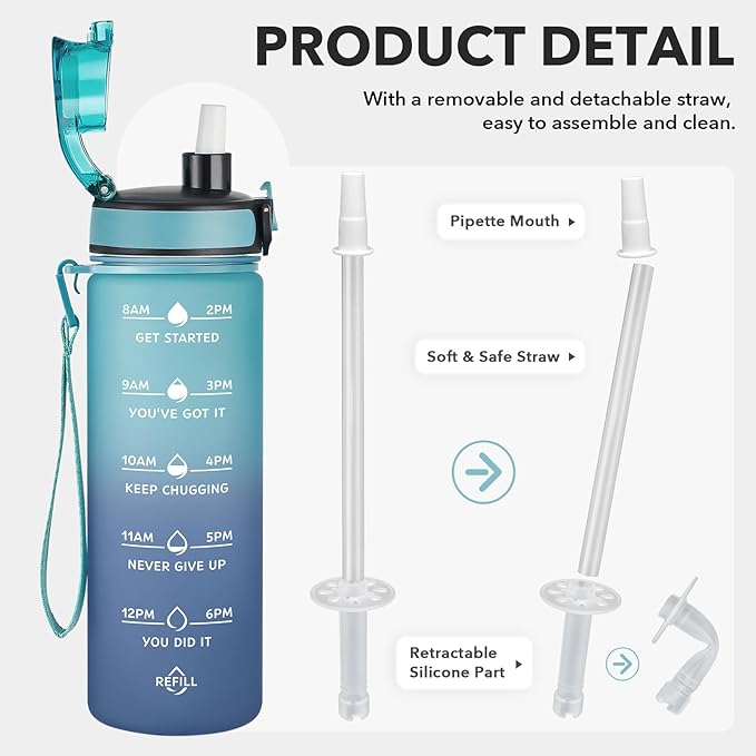 Enerbone Water Bottle, Leakproof BPA & Toxic Free, Motivational Water Bottle with Times to Drink and Straw, Fitness Sports Water Bottle with Strap for Office, Gym, Outdoor Sports-PawvioPets