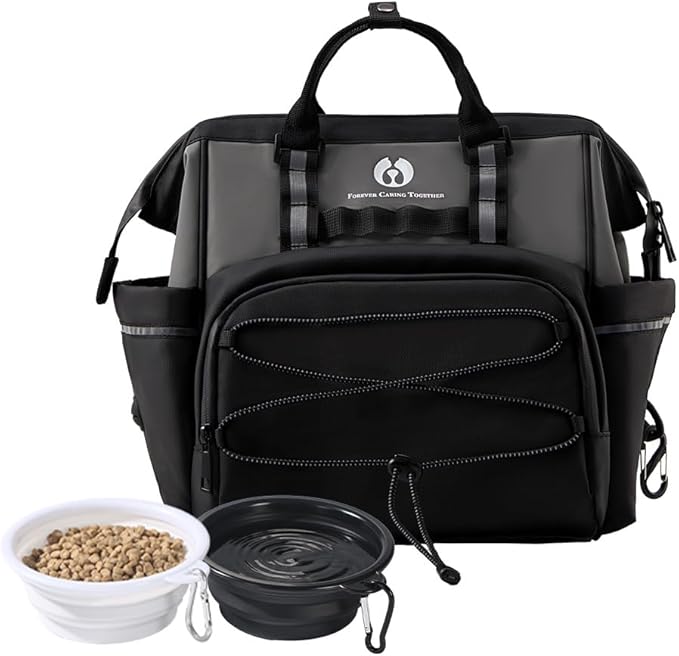 Dog Travel Bag, Airline Approved Pet Supplies Backpack, Dog Travel Backpack Accessories Set with 2 Silicone Collapsible Bowls and 1 Leash Clip for Camping, Road Trips & Weekends Away（Black）-PawvioPets
