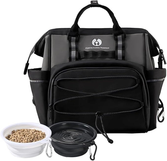 Dog Travel Bag, Airline Approved Pet Supplies Backpack, Dog Travel Backpack Accessories Set with 2 Silicone Collapsible Bowls and 1 Leash Clip for Camping, Road Trips & Weekends Away（Black）-PawvioPets
