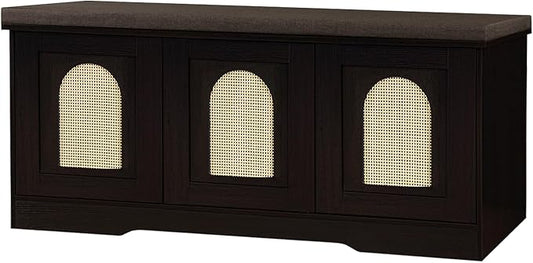 DINZI LVJ Shoe Bench, Entryway Storage Bench with Doors, Cushion, 2-Tier Shoe Rack with 6-Cubby, 39.4”L x 13.8”W Shoe Organizer Cabinet, Adjustable Shelf, Living Room, Bedroom, Espresso with Rattan-PawvioPets