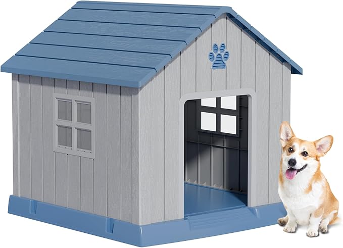 Dog House Indoor Outdoor for Small to Large Sized Dogs Resin Outdoor Dog House with Ventilation Puppy Shelter with Elevated Floor, Easy to Assemble, Blue-PawvioPets