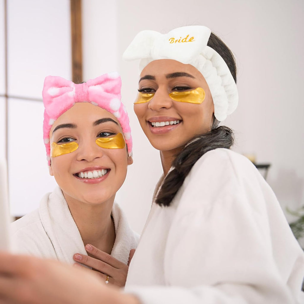 Semato Bachelorette Party Favor Set - Bride & Bridesmaid Spa Headbands with Cute Bows (1 Bride + 7 Pink Dot)