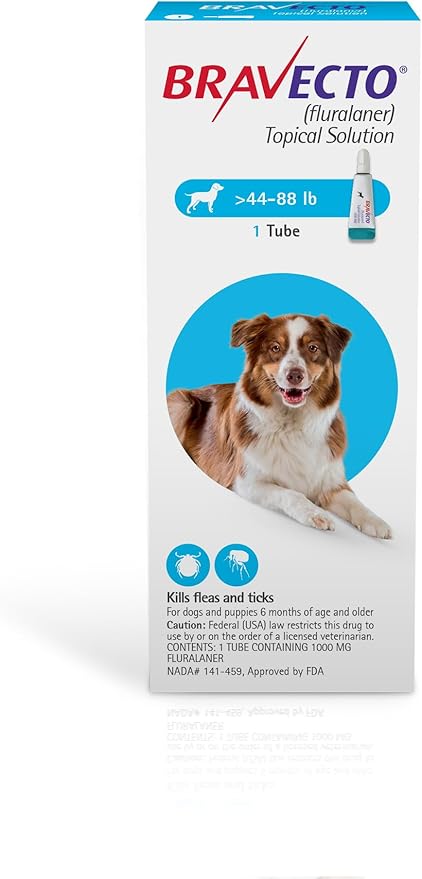 BRAVECTO Topical Solution for Dogs, Flea & Tick, 12 Week Supply, >44-88 lbs., Blue Box-PawvioPets