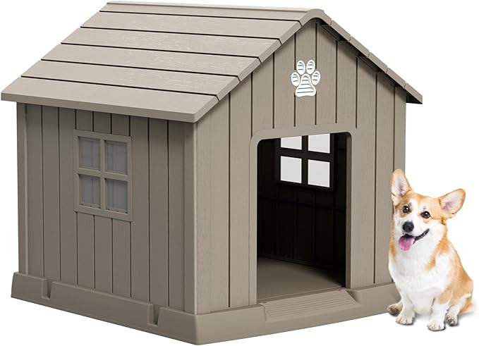 Dog House Indoor Outdoor for Small to Large Sized Dogs Resin Outdoor Dog House with Ventilation Puppy Shelter with Elevated Floor, Easy to Assemble, Blue-PawvioPets