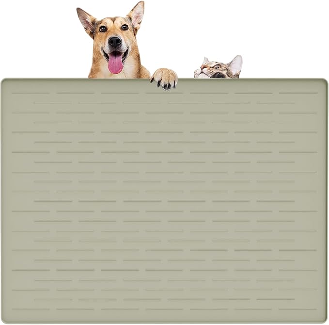 32" x 24" Large Pet Food Mat, Silicone Dog Mats for Food and Water, Nonslip Pet Feeding Mats for Floors,Dog Cat Bowl Mat with Raised Edges, Gray Green-PawvioPets