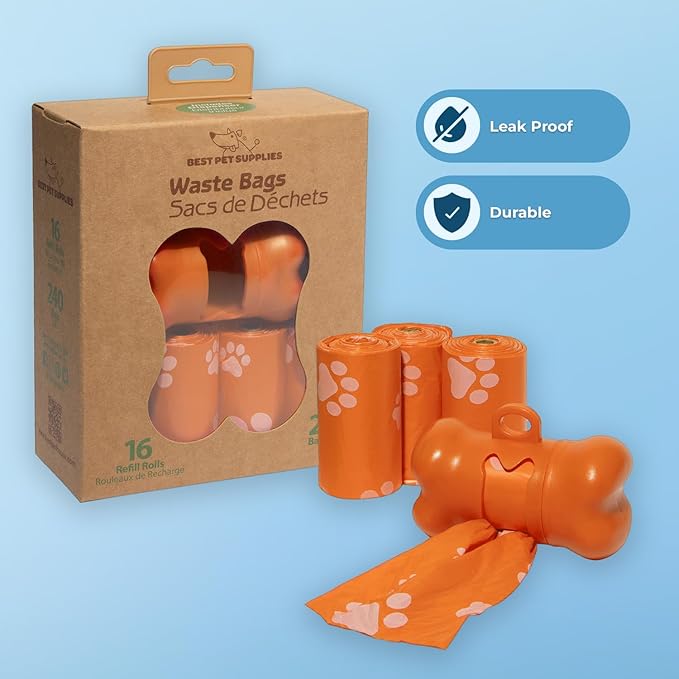 Best Pet Supplies Dog Poop Bags (240 Bags) for Waste Refuse Cleanup, Doggy Roll Replacements for Outdoor Puppy Walking and Travel, Leak Proof and Tear Resistant, Thick Plastic - Orange-PawvioPets